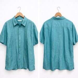 Cubavera Mens XL Teal Blue Linen Blend Short Sleeve Guayabera Shirt RT24165